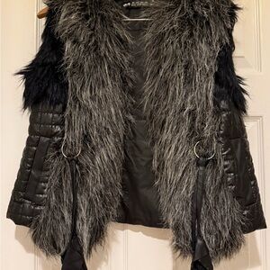 Women's Black and Gray Faux Fur PU leather Vest.